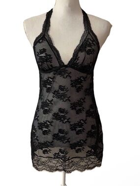 Victoria's Secret Lingerie Chemise Nightie Dress Black Lace Sheer Halter Size M